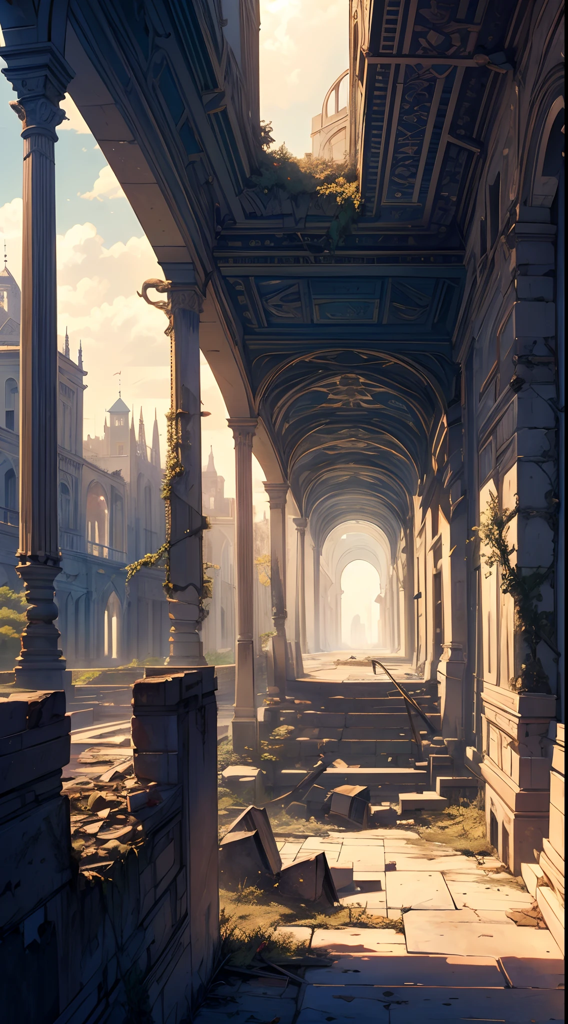 (masterpiece), best quality, gorgeous, wallpaper, old city, ruins, ((destroyed buildings)), trees, abandoned, deserted, landscape, stunning view, golden sky, 4k, intricate, peaceful, peace, high view, depth, artistic, creative, life, nature, dramatic light, beautiful light, low angle