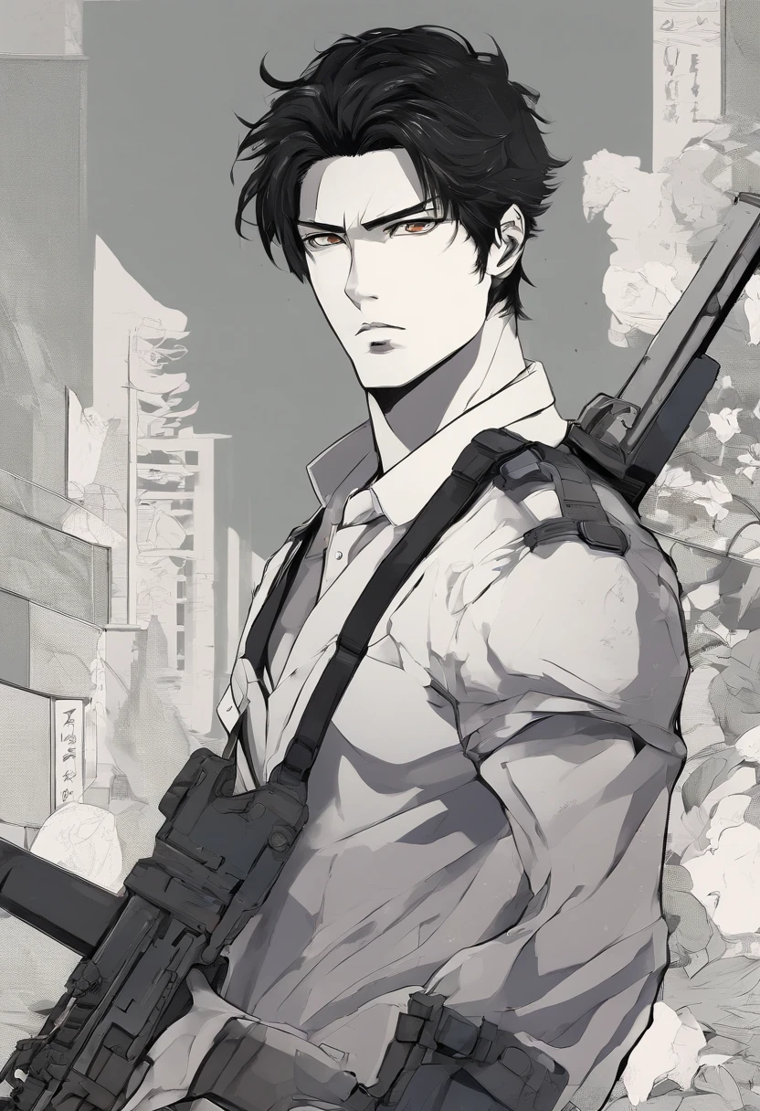 Male, black hair, stoic, survivor, zombie apocalypse, brows furrowed slightly, lean muscular body, dominant, tall, handsome, has a gun weapon