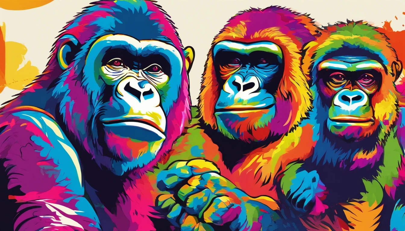 (two gorillas celebrating,beer mugs,smiles,happy,cheerful,colorful,abstract,high resolution,detailed,fun),(best quality,4k,highres,masterpiece:1.2),ultra-detailed,realistic:1.37,vivid colors,physically-based rendering,professional,artistic interpretation,portraits,studio lighting,colorful palette,dynamic composition,playful and expressive brushwork,bokeh,joyful atmosphere