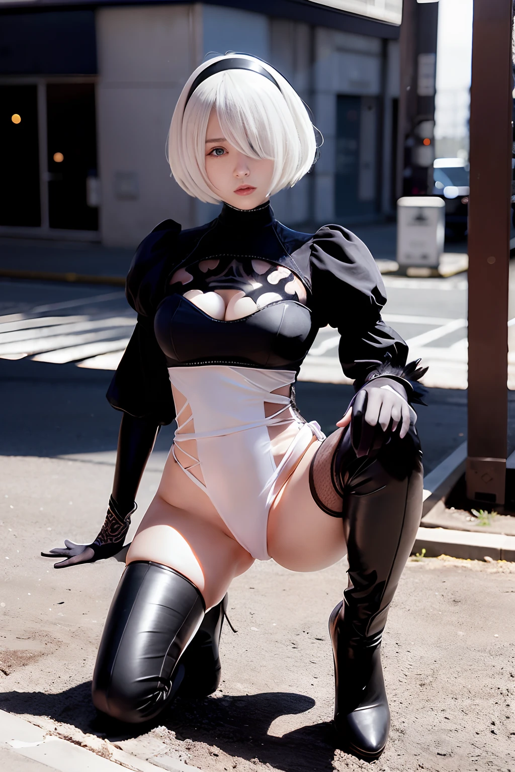 (NSFW)、(8K、Raw photography、top-quality、​masterpiece:1.2)、(realisitic、Photorealsitic:1.37)、ultra-detailliert、超A high resolution、​masterpiece、top-quality、1girl in、full-shot、YORHA 2B、detailedbackground、2B Cosplay、2b、(White High Leg、Leotard)、Colossal tits、Squatting on the ground、Squat、Opening legs、Open your crotch wide from side to side、(Public masturbation)、(Black enamel　thigh high boots)、Tall Girl、Shooting from front、Professional filming、profetional lighting、In the street、Street、