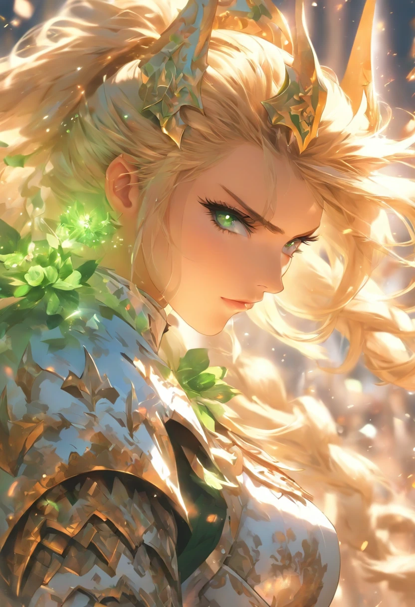 The most beautiful and sexy warrior knight girl, long blonde hair in a ponytail, green eyes, wearing highly detailed white knights armor, tons of tattoos and piercings, flower pedals blowing in the wind, perfect masterpiece, high quality, high resolution