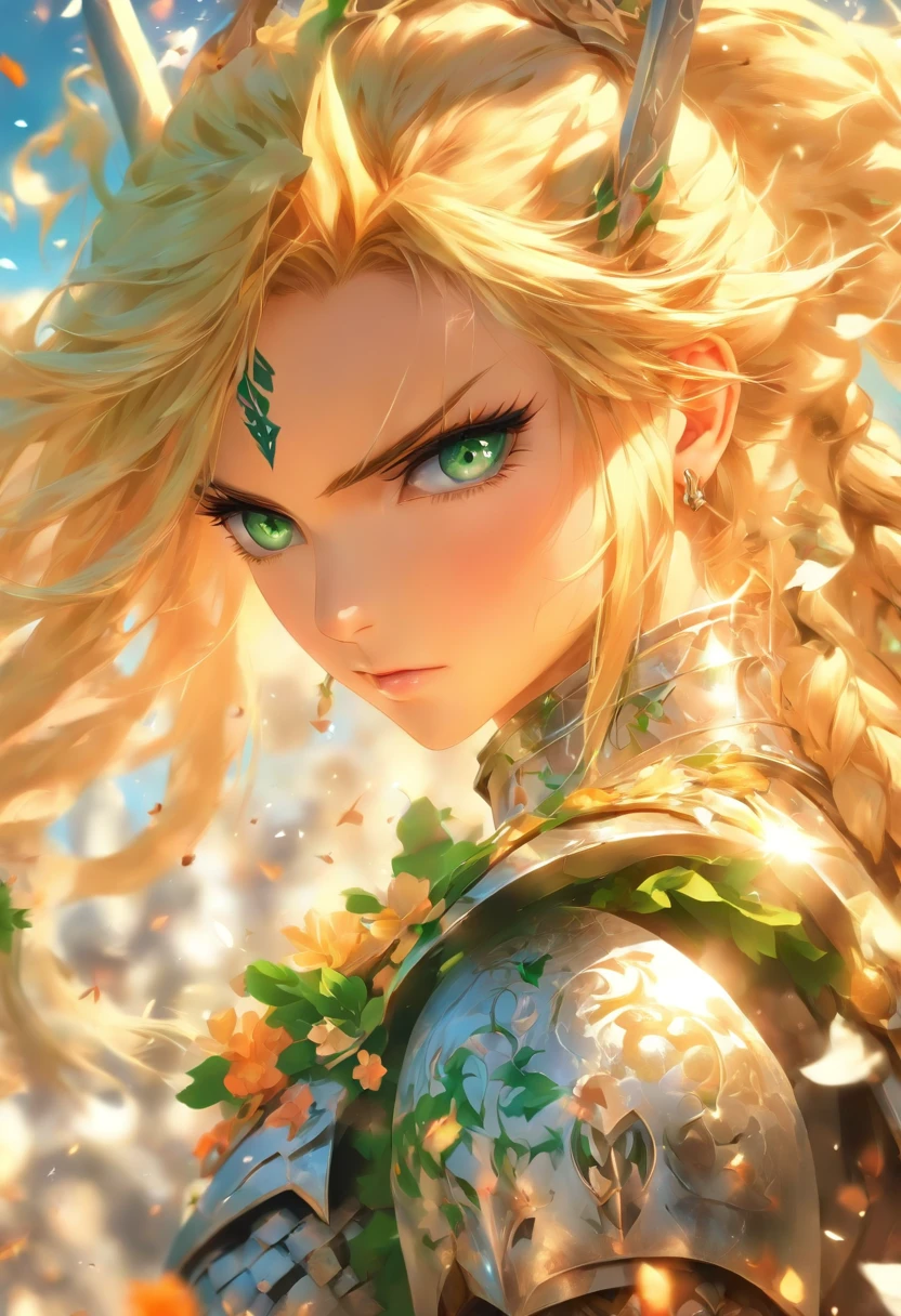 The most beautiful and sexy warrior knight girl, long blonde hair in a ponytail, green eyes, wearing highly detailed white knights armor, tons of tattoos and piercings, flower pedals blowing in the wind, perfect masterpiece, high quality, high resolution