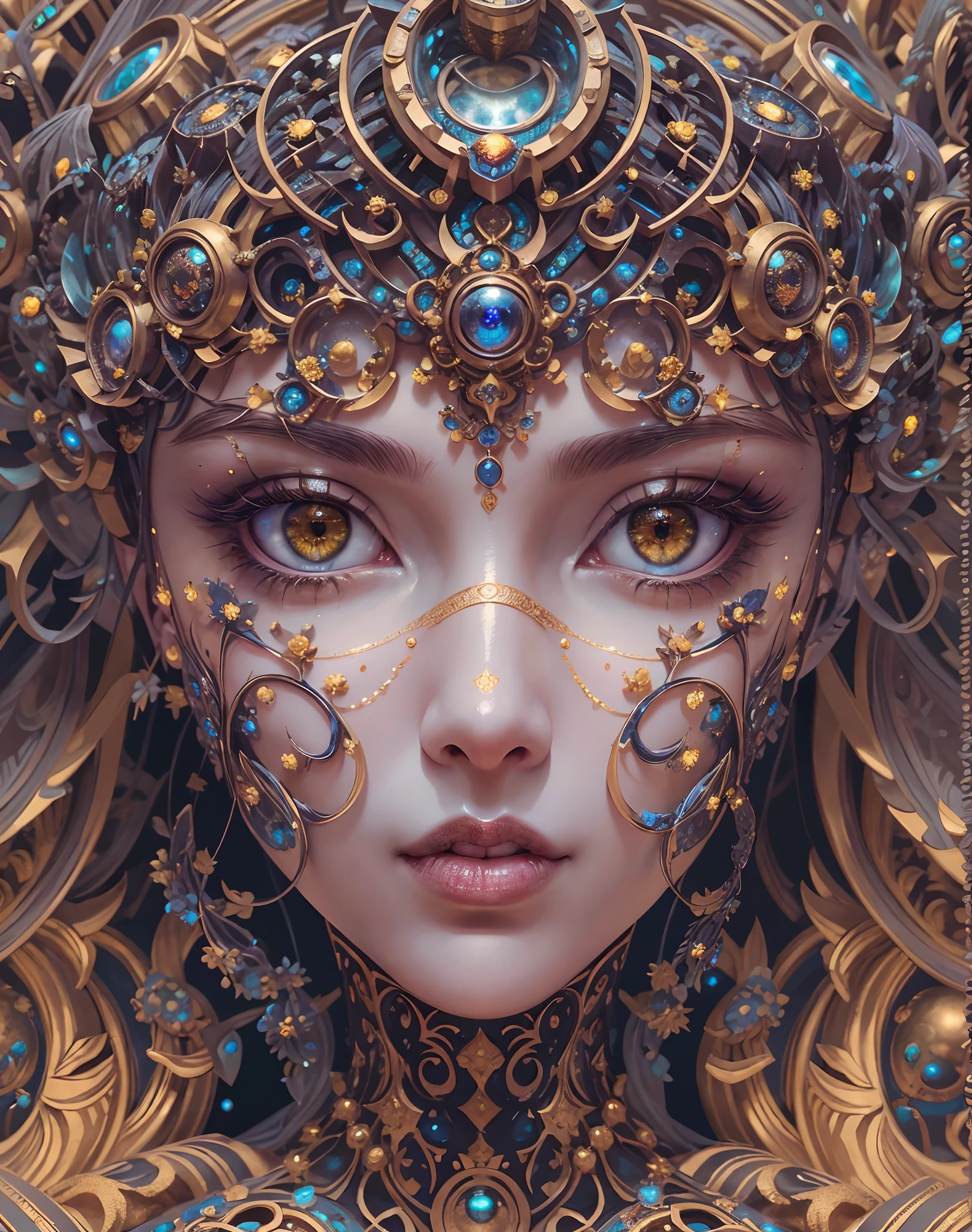 (((Body Portrait)))、(best qualtiy,ultra - detailed,Most Best Illustration,Best Shadow,tmasterpiece,hight resolution,professionalartwork,famousartwork),Detailed eyes,beautidful eyes,closeup cleavage,sci-fy,colored sclera,Robotic eyes,face markings,tattooed,(fractalized,Fractal Eye),largeeyes,wide eyes,(Eye focus),sface focus,the eye of the universe,Close up of metal sculpture of woman with moon in hair,goddes。extremely high detail,goddess portrait,Highly detailed footage of the goddess,a stunning portrait of a goddess,Side image of the goddess,portrait of a beautiful goddess,(Full body close-up of goddess),Goddess of Hecate,portrait of a norse moon goddess,goddess of space and time、((masterpiece、top-quality、ultra-definition、hight resolution))、4K picture quality、
