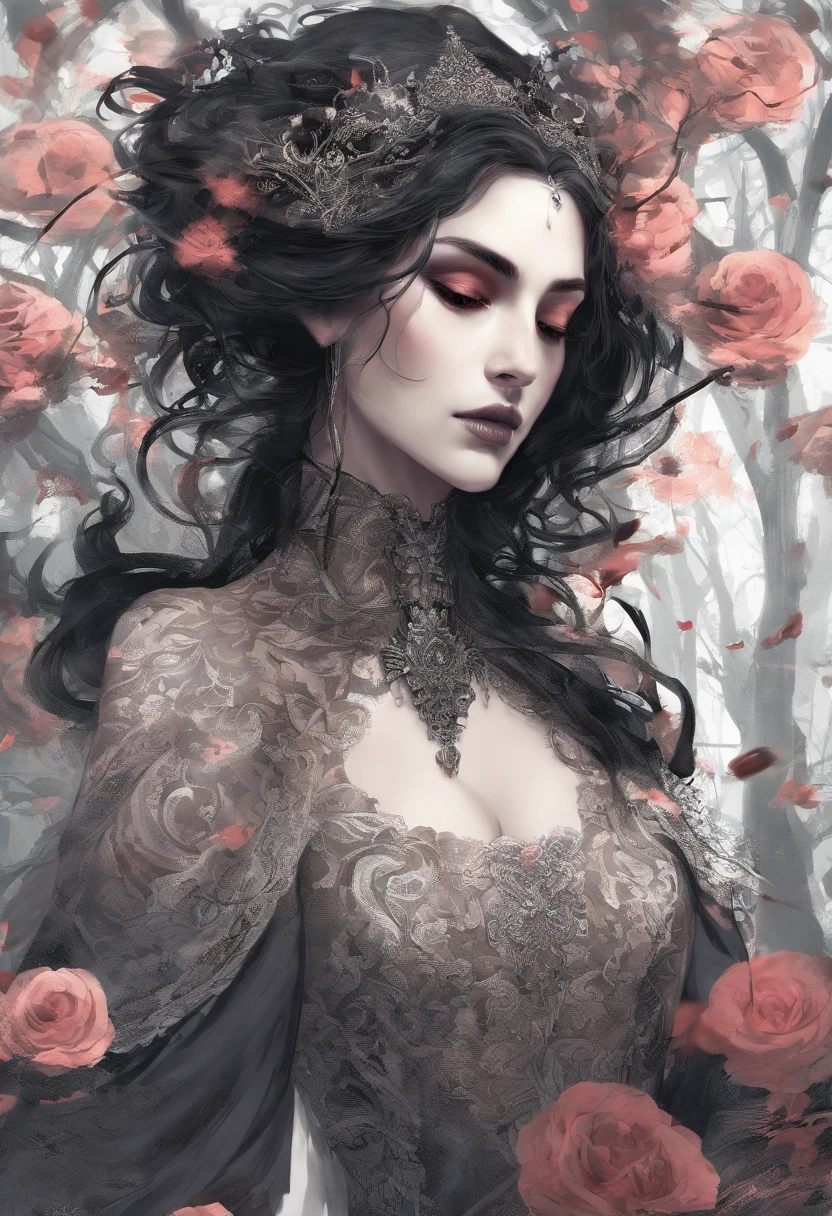 best quality,ultra-detalhado,gotic girl,Cortada,belos olhos detalhados,beautiful detailed lips,cabelos pretos longos,atmosfera sombria,fundo escuro,Moody Lighting,estilo barroco,vivid colors,foco nítido,elementos de terror,Ethereal presence,Vestido de renda preto,Roses,beleza assombrosa,olhar assombroso,maquiagem incomum,pale skin,expressionless face,charme antigo,Aura misteriosa,Floresta Encantada,Filtering the moonlight through the trees,sussurros sutis,macabre elegance,Sombras profundas,Romantic and sinister atmosphere,assombrosamente bela.