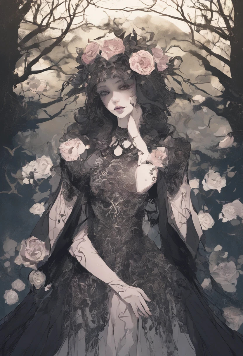 best quality,ultra-detalhado,gotic girl,Cortada,belos olhos detalhados,beautiful detailed lips,cabelos pretos longos,atmosfera sombria,fundo escuro,Moody Lighting,estilo barroco,vivid colors,foco nítido,elementos de terror,Ethereal presence,Vestido de renda preto,Roses,beleza assombrosa,olhar assombroso,maquiagem incomum,pale skin,expressionless face,charme antigo,Aura misteriosa,Floresta Encantada,Filtering the moonlight through the trees,sussurros sutis,macabre elegance,Sombras profundas,Romantic and sinister atmosphere,assombrosamente bela.