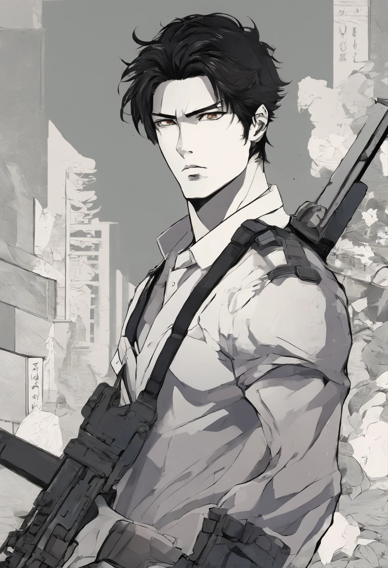 Male, black hair, stoic, survivor, zombie apocalypse, brows furrowed slightly, lean muscular body, dominant, tall, handsome, has a gun weapon
