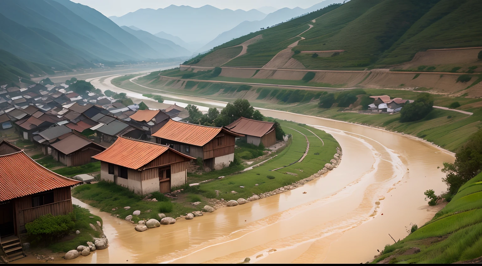 small village in the hills of China experiencing a dry season, showing almost dry rivers
