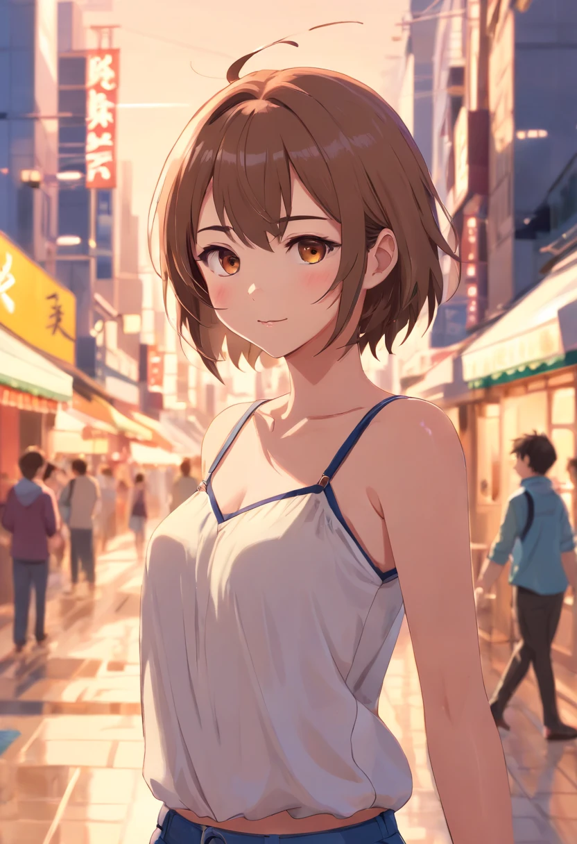 ((Best quality, 8k, Masterpiece :1.3)), Sharp focus :1.2, A pretty woman with perfect figure :1.4, Slender abs :1.2, ((Dark brown hair, Big breasts :1.2)), (White button up long shirt :1.1), City street:1.2, Highly detailed face and skin texture, Detailed eyes, Double eyelid