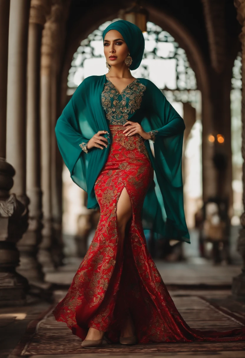 a beautiful woman in hijab wearing a tight kebaya, long skirt with slit and heels.