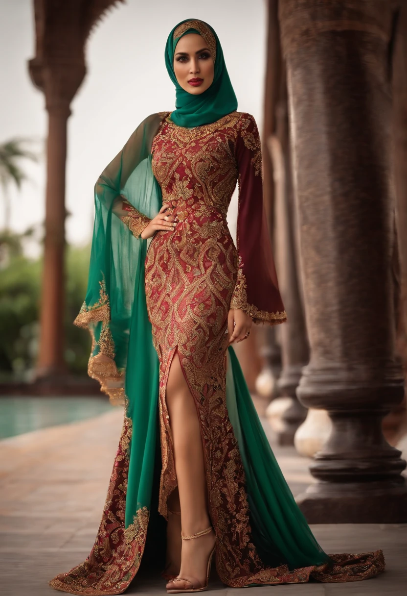 a beautiful woman in hijab wearing a tight kebaya, long skirt with slit and heels.