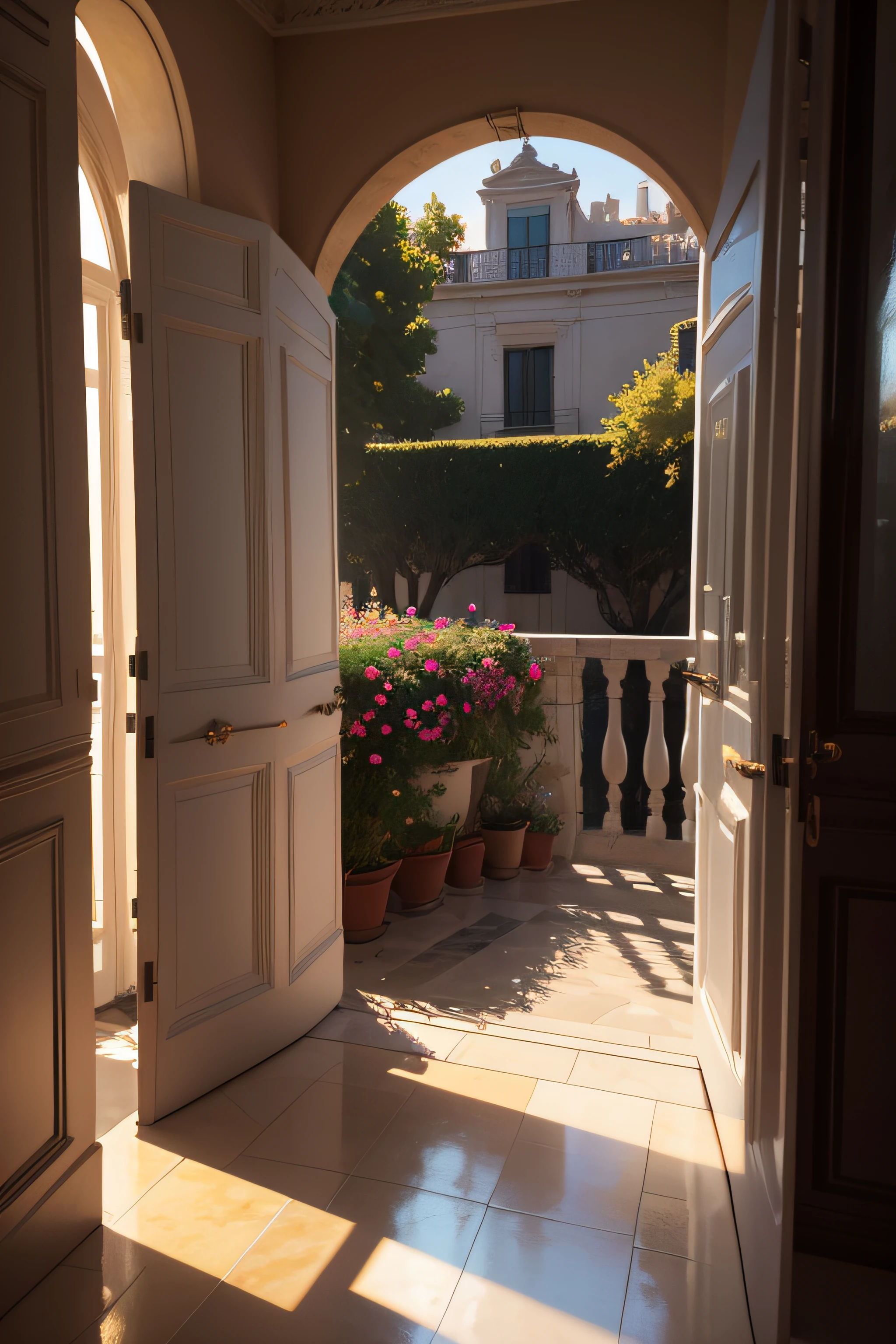 Oil painting of a sunset in a Mediterranean city by the sea, con muchas flores y sin personas, La tarde es lluviosa se alcanza a ver el sol, Elegant atmosphere, muchos detalles, Render Lumion 8K, Renderizar la arquitectura del motor irreal, muchos detalles, Yellow cinematic lighting in warm tones, Image in the style of an impressionist oil painting, Muchá, Manet Cézanne. (((muchas flores))), with several classic tables and chairs, Manteles elegantes con arreglos florales de varios colores en las mesas, Art Deco atmosphere with a large window through which to see a tree and the Eiffel Tower, Elegant atmosphere, Muchoos detalles, Lumion 8K Render, Renderizar la arquitectura del motor irreal, Muchoos detalles, Romantic cinematic lighting in warm tones, Image in the style of an impressionist oil painting, Mucho, Manet Cézanne,