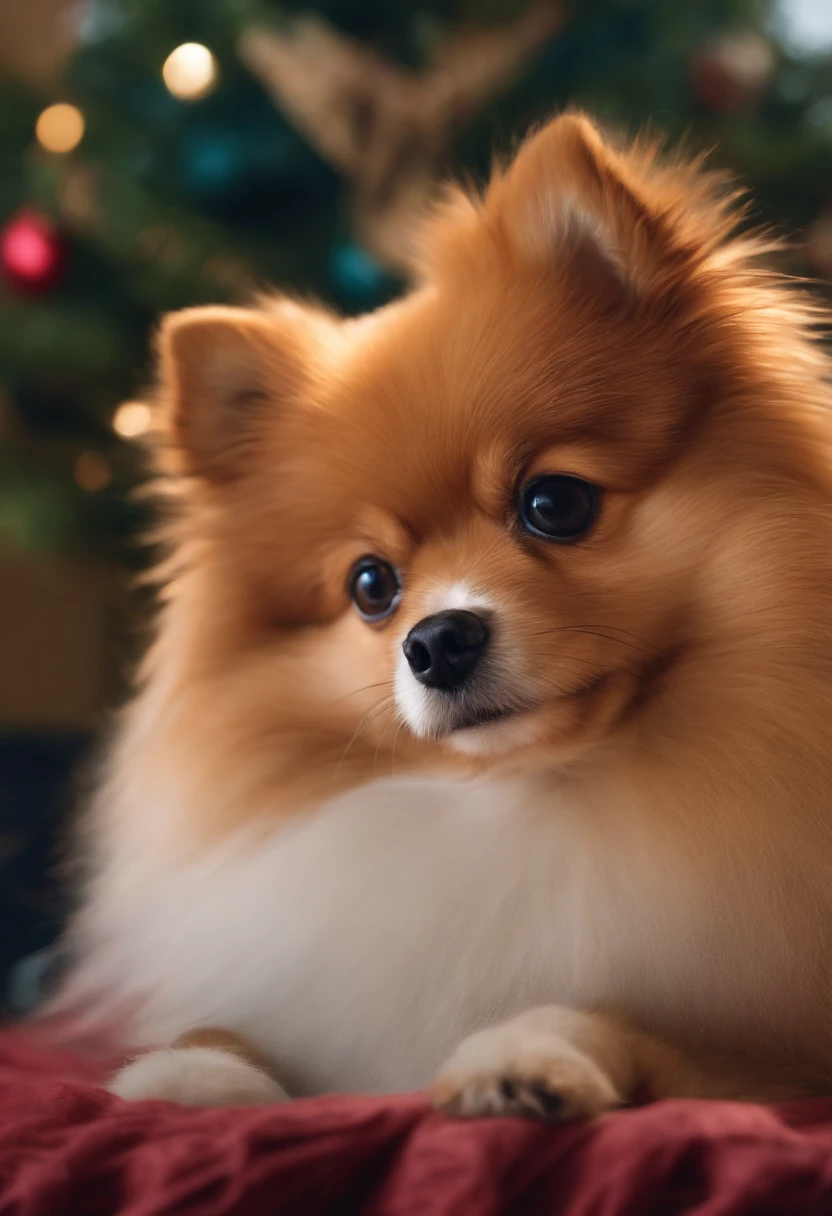 Crie um desenho realista de um lulu da pomerania segurando um celular