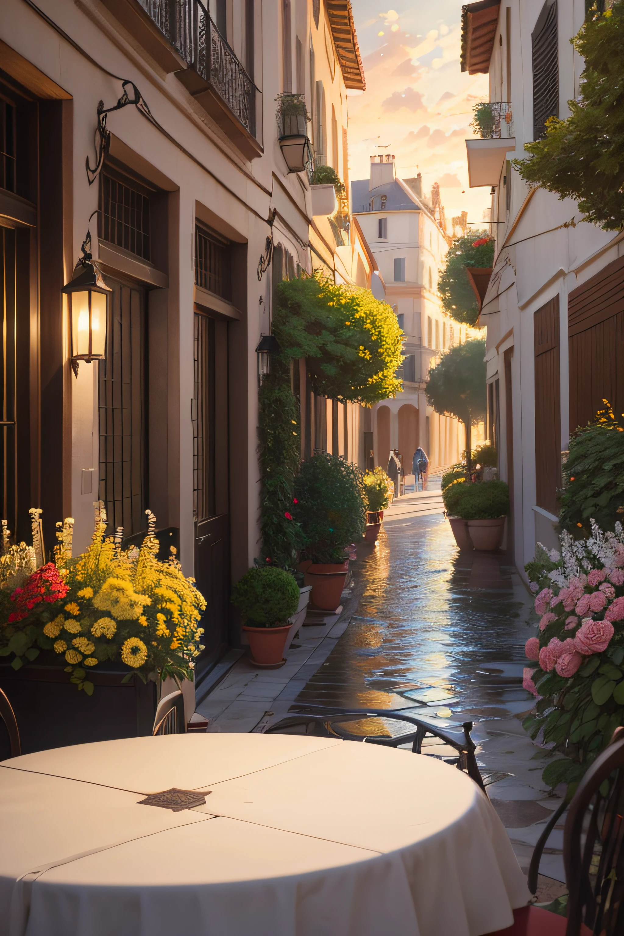 Oil painting of a sunset in a Mediterranean city by the sea, con muchas flores y sin personas, La tarde es lluviosa se alcanza a ver el sol, Elegant atmosphere, muchos detalles, Render Lumion 8K, Renderizar la arquitectura del motor irreal, muchos detalles, Yellow cinematic lighting in warm tones, Image in the style of an impressionist oil painting, Muchá, Manet Cézanne. (((muchas flores))), with several classic tables and chairs, Manteles elegantes con arreglos florales de varios colores en las mesas, Art Deco atmosphere with a large window through which to see a tree and the Eiffel Tower, Elegant atmosphere, Muchoos detalles, Lumion 8K Render, Renderizar la arquitectura del motor irreal, Muchoos detalles, Romantic cinematic lighting in warm tones, Image in the style of an impressionist oil painting, Mucho, Manet Cézanne,