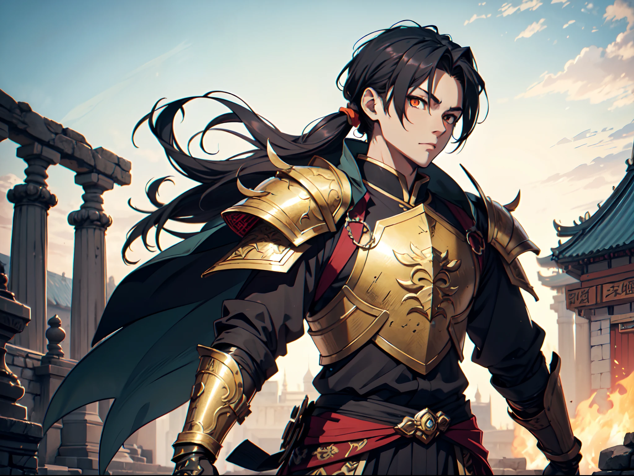 Ultra High Definition, Ultra High Quality, Extremely Detailed, Perfectly Detailed, Masterpiece, 8k, 1 Boy, Look A Like Xin From Kingdom Anime, Handsome, Armored With Chinese Emperor Armor, Black And Orange Pupil Eyes, Black Long Hair Tied, Full Body Shot, Ancient Kingdom Background