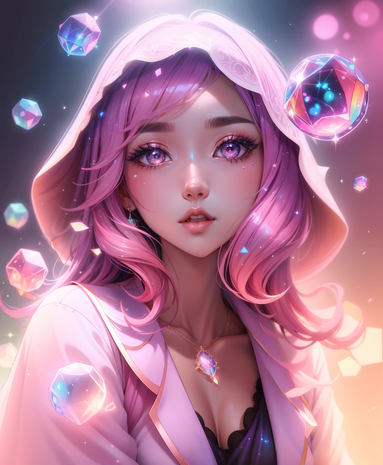 Linda garota coreana , detalhes rosa e holografica, bolhas brilhantes, olhos holograficos brilhantes , brilhos em detalhes, olhos coloridos e brilhantes , estilo anime, cabelos longos e brilhantes ao vento