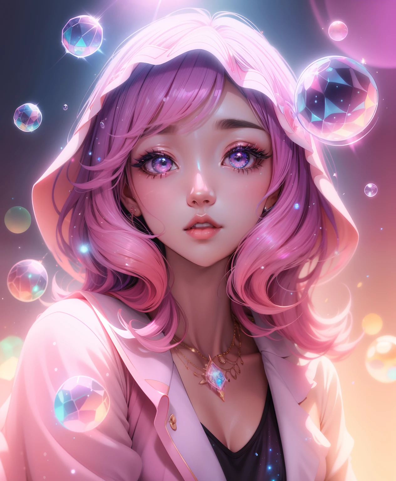 Linda garota coreana , detalhes rosa e holografica, bolhas brilhantes, olhos holograficos brilhantes , brilhos em detalhes, olhos coloridos e brilhantes , estilo anime, cabelos longos e brilhantes ao vento