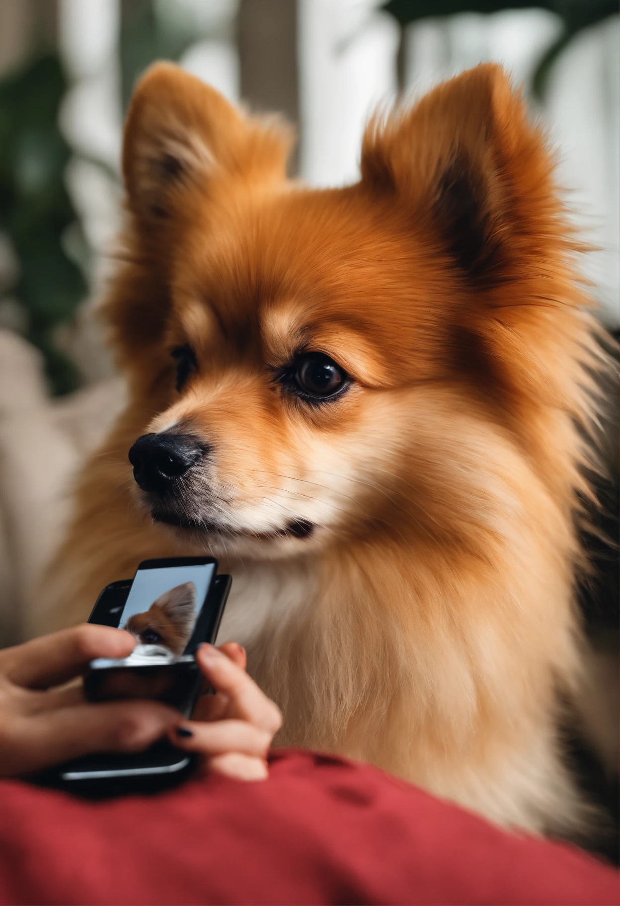 Crie um desenho realista de um lulu da pomerania segurando um celular