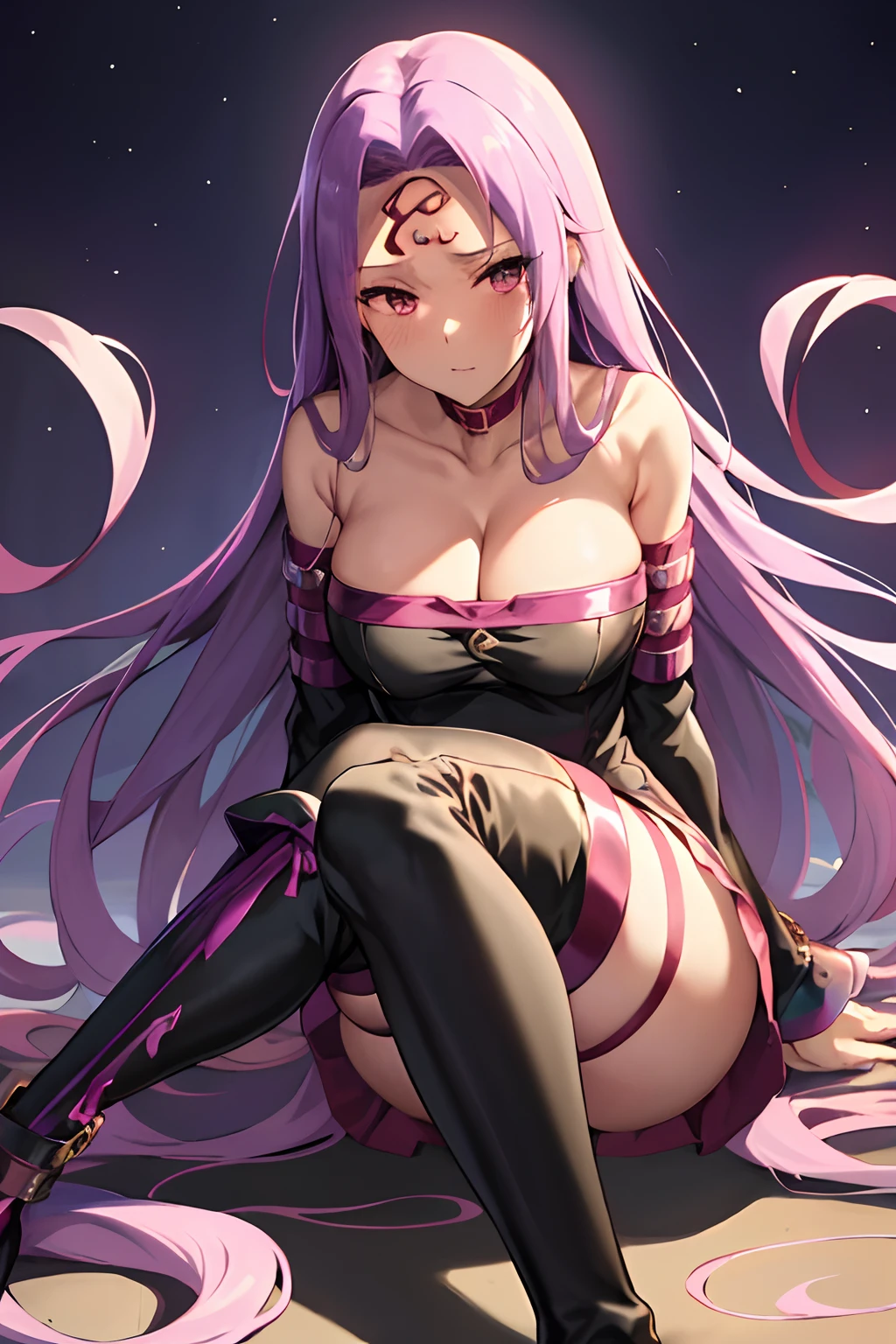 Best Quality, (masutepiece:1.2), Highly detailed,
Fate/Stay in the background, fullmoon、
Medusa_nffsw,
1girl in, Solo,, Looking at the viewer, absurdly long hair, Purple hair, Floating hair,Dress, Short dress, thighs thighs thighs thighs, Strapless, Detached sleeves, forehead mark, Choker, cleavage、((thigh high boots))、(thigh-high socks))、((all-fours))、((Open legs))、((Chained))、((Shackles))、((gargantilha))