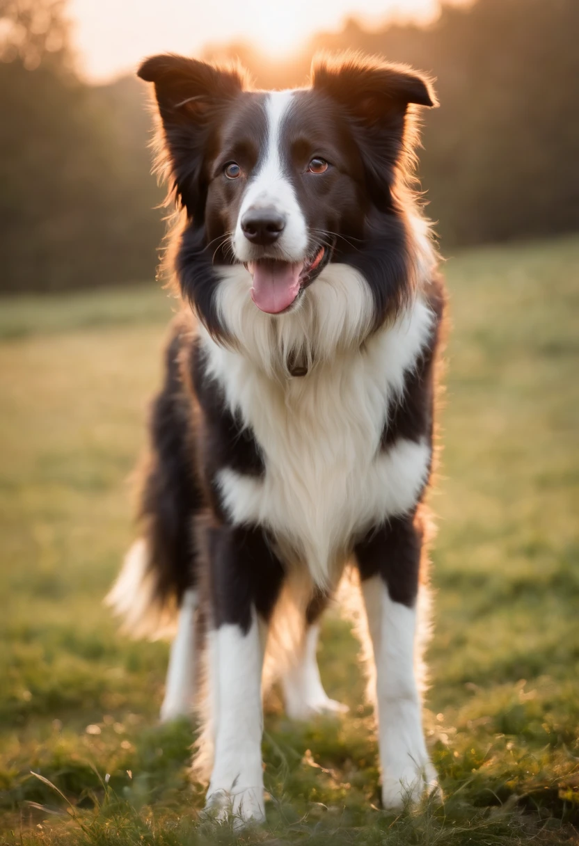 crie um border collie pastoreando ovelhas em um campo com a luz de final de tarde no fundo da imagem