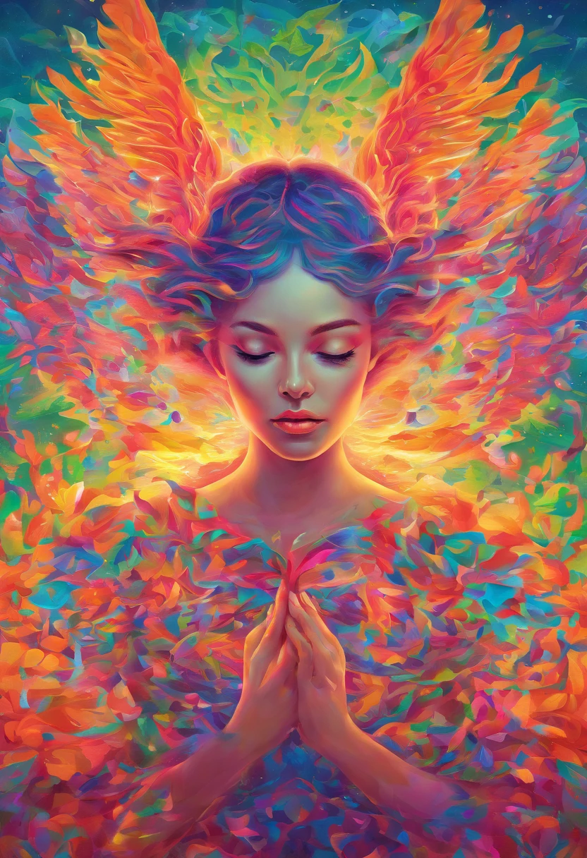 psychedelic art, a woman with bird wings is enveloped in a halo of soft, glowing light emanating from her being. This luminous aura creates a magical effect, making her appear heavenly and transcendental. The light merges with the colors of the wings, creating a mesmerizing fusion of tones and sparkles.