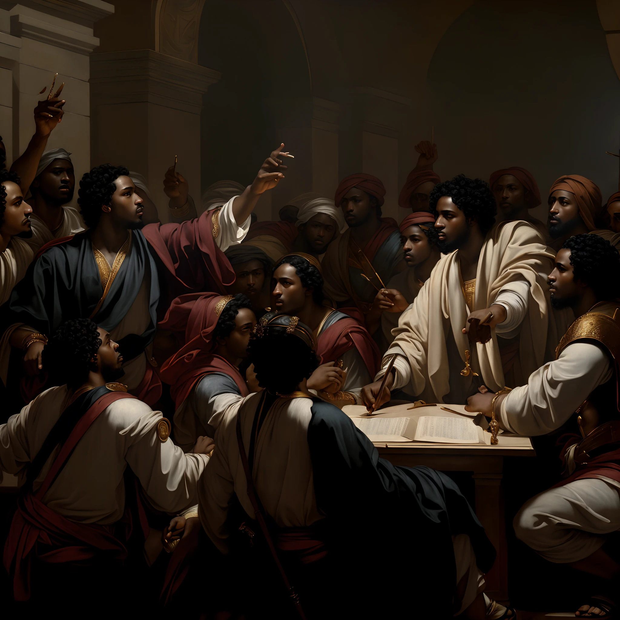 Group of black African men, with typical African clothing, arguing, angry, tense faces, chaotic atmosphere, place with Athens school style architecture, panoramic image, cinematic, dark lighting, rays of light, 1800s, African Symbolism . Raphael High Renaissance, Michaelangelo's style, academic painting, Renaissance art style, By Raphael, Fresco painting, renaissance painting style, neoclassical painting, ancient Greek painting, Greco-Roman art, neoclassicist painting, renaissance style painting, renaissance painting ', neoclassical painting, renaissance art