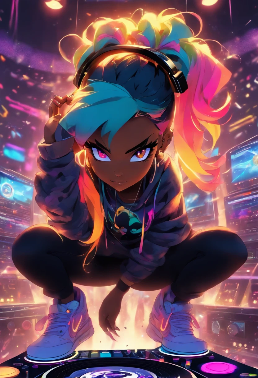 The most beautiful and sexy DJ girl, rainbow colored hair in a ponytail, yellow eyes, dark skin, wearing headphones, wearing trendy hip hop hoodie, graphic t-shirt and torn skinny jeans, tons of tattoos and piercings, sitting at a highly detailed mixing board turntable, performing in a dance club, highly detailed background, perfect masterpiece, high quality, high resolution