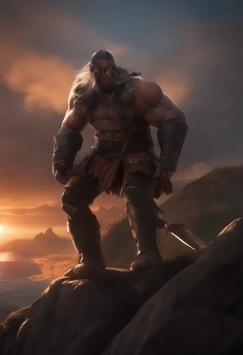 (Dynamic Angle:1.4), ((Full body pose:1.5), (colourfull:1.2), (Highly detailed CG Unity 16k wallpapers:1.1), (Denoising strength: 1.45), (tmasterpiece:1.37), ((Official Art)), Top Quality, sunset, sky, top of a hill, steam, game cg, Science-Fiction, monster, orc, double bun, shiny hair, multicoloured hair, slit pupils, There is no nose, (Masterpiece), (Masterpiece), Masterpiece, Best Quality