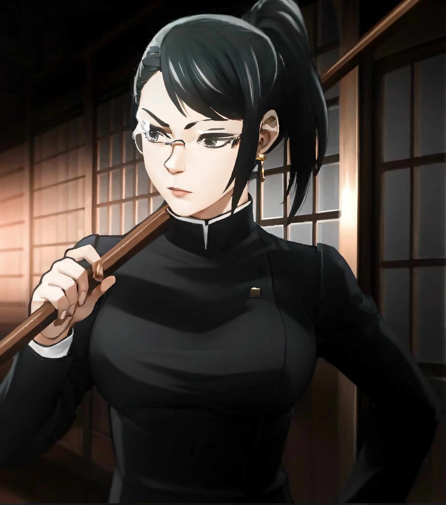 arcane style, 1 girl with black hair and black uniform