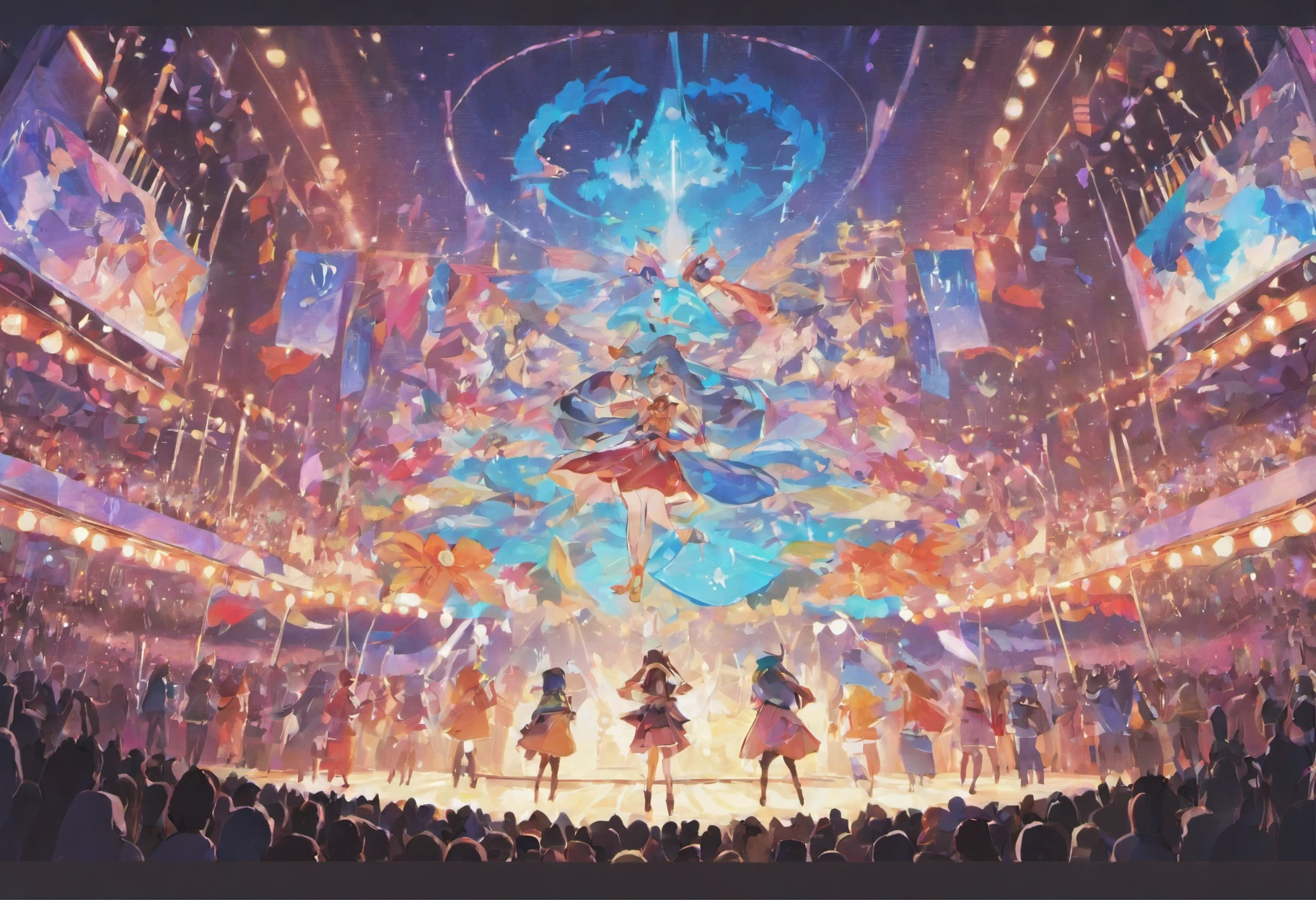 The stage of the festival grounds,Colorful lighting,Surrounding tents