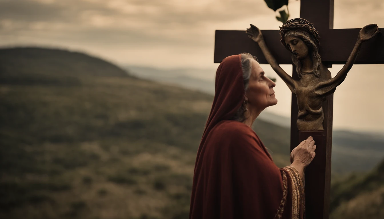 nossa senhora. MARIA, mother of Jesus, at the foot of the cross of Jesus Christ., olhando para cima