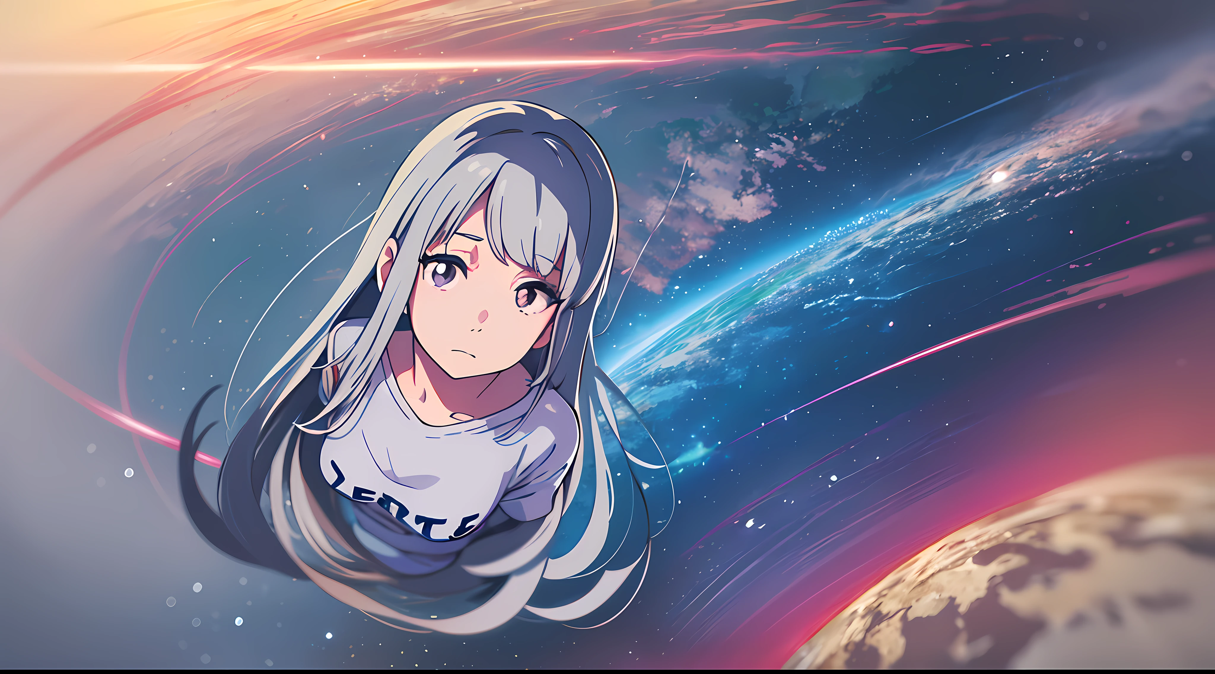 2d, masterpiece, best quality, anime, highly detailed face, highly detailed eyes, Silver hair, Silver eyes, highly detailed background, perfect lighting, full body, 1girl, solo, earth-chan, t-shirt, small breasts, space, earth \(planet\)