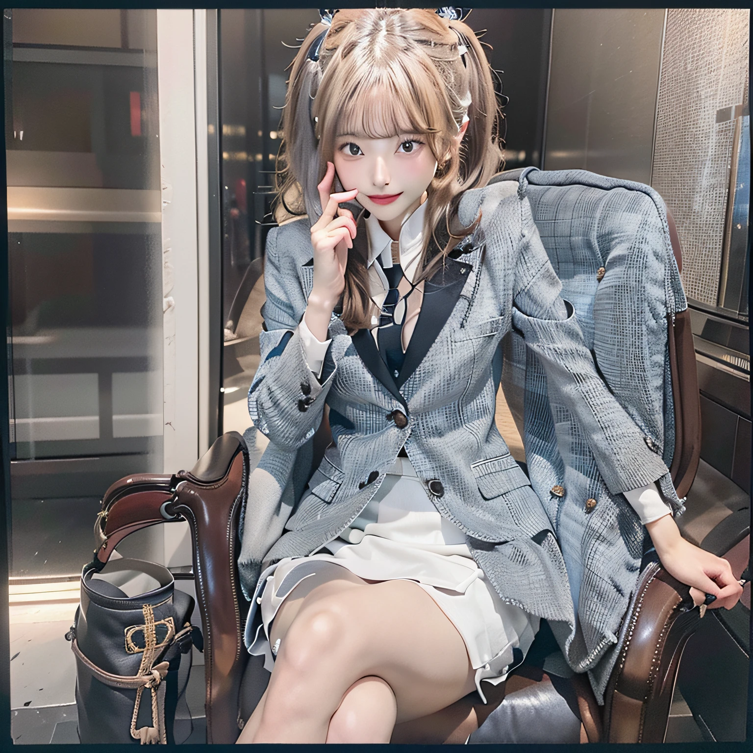 of the highest quality、Photorealsitic:1.4、Raw photography、超A high resolution:1.4、Top image quality: 1.4、absurderes, master piece, ultra-detailliert、A hyper-realistic,1girl in 、japanaese girl、perfect anatomia、Anatomically correct fingers、Anatomically correct legs、22year old、Height 1.7 m、(((small and round face:1.2)))、long reddish-brown hair with waving tips,,、eyebrows of the same color、kiss、(((Sareme:1.2)))、Sexy thick lips:1.1、Beautiful teeth alignment、((slenderbody)), ((Smaller chest))、(small ass:1.2)、skinny thigh:1.2、long legged:1.3、Woman with perfect style、Elegant and beautiful secretary、(((Black business suit、Black tailored jacket)))、(((Black Maxi Pencil Skirt:1.3、Front slit)))、Black enamel high heels、Pink sole、Sparkling Silk Camisole、Sexy Open Chest White Sheer Blouse Shirt、Officelady、Sitting at a desk、Cross your legs as if inviting a man、Have a document、Yuki's face、Light blue nails、FULL BODYSHOT、Best Movie Lighting、