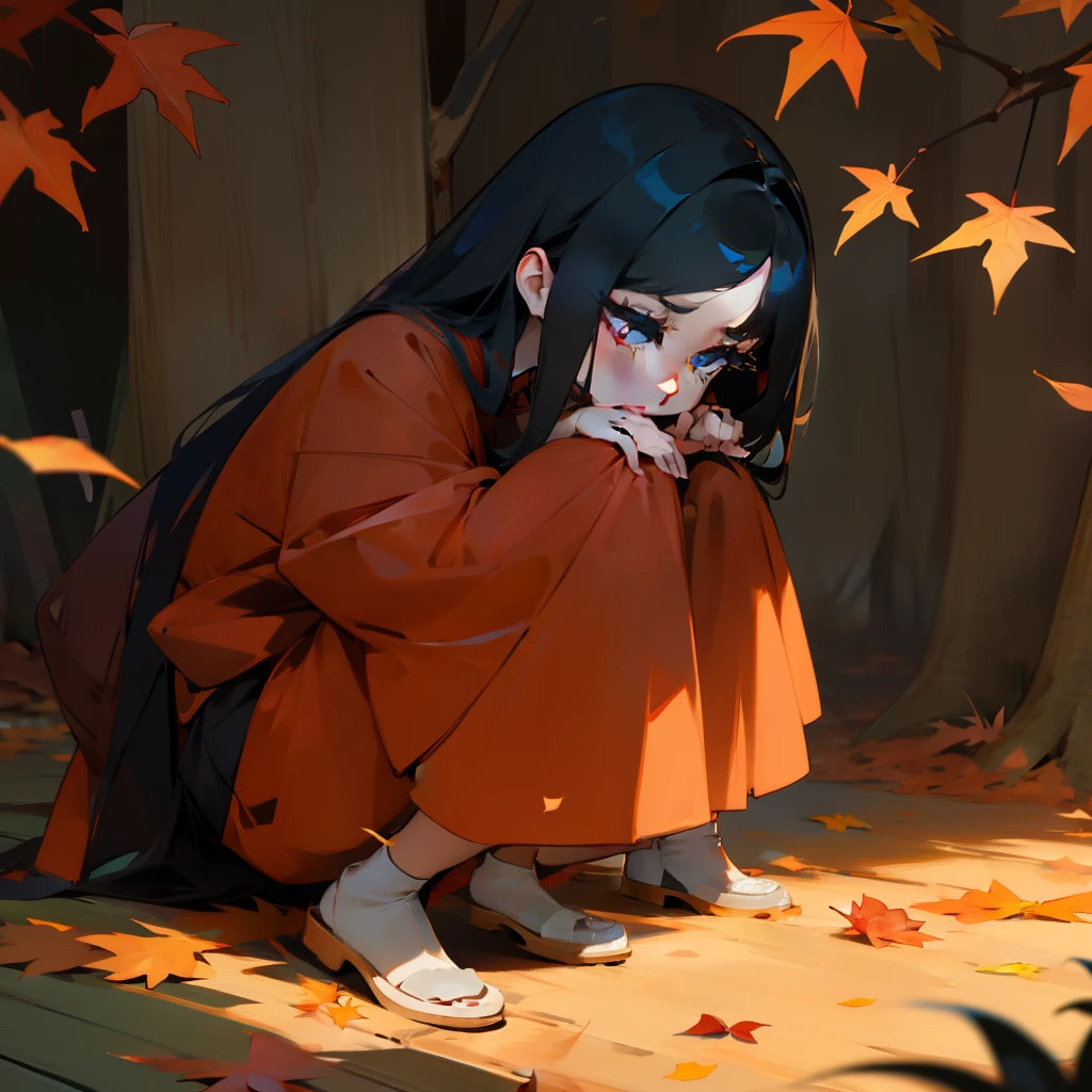 Melancholy woman crouching、Sluggish、There is a mood、long lashes、Smooth hair、Autumn colors、Being in love、leaves falling
