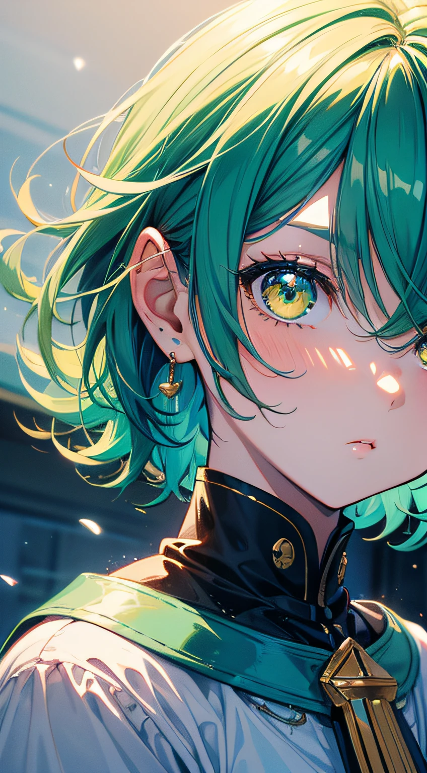 masterpiece, best quality, 1girl, (((bored, tedius))), cute, expressive, close up, tilting head, cute girl, green hair, short hair, pouting, 4k, wallpaper