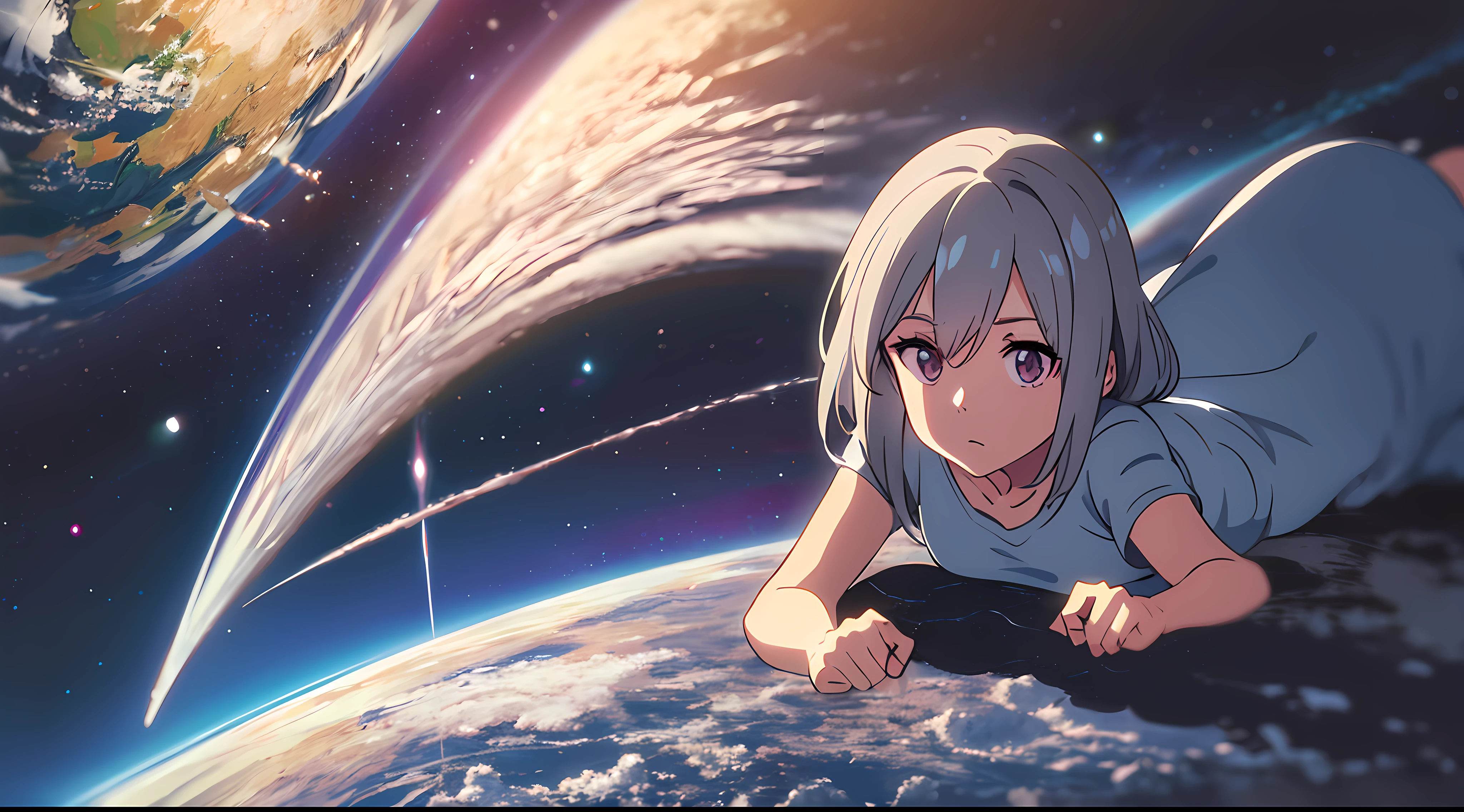 2d, masterpiece, best quality, anime, highly detailed face, highly detailed eyes, Silver hair, Silver eyes, highly detailed background, perfect lighting, full body, 1girl, solo, earth-chan, t-shirt, small breasts, space, earth \(planet\)