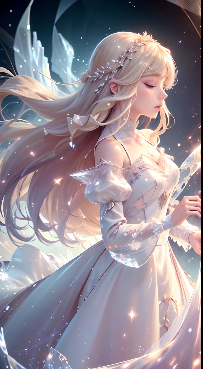 (masterpiece, top quality, best, official art, beautiful and aesthetic, long exposure: 1.2), smooth movement, attractive pattern, one girl, (long dress with sleeves: 1.3), ((White clothes))), upper body close-up, bare shoulders, Western Style Girl, blush, golden colored ，kawaii,Cute，Closing your eyes，Glittering stars, beautiful a girl,long blonde hair，leaf hair, portrait, solo, upper body, looking observer, detailed background, detailed face, (crystal AI, crystal theme: 1.1), wind, white crystal clothes, dynamic poses, suspended particles, etheric dynamics, whirlwinds, steam, background whirlwinds, white tones, whirlwinds, ethereal atmosphere,