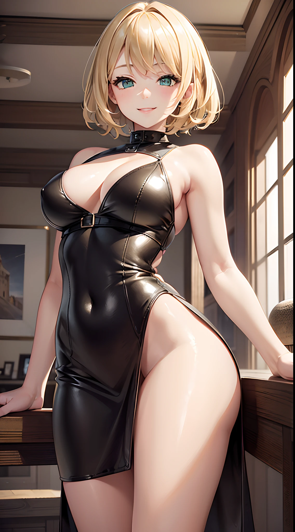 (masterpiece), best quality, expressive eyes, perfect face, beautiful girl, blonde hair, short hair, hair details, green eyes, ((sleepy eyes)), ((smiling)), soft face, (cute face), perfect body, medium breast size, big ass, ((leather dress)), short dress, top of mountain, high resolution, ultra high details, high quality, drawing style,