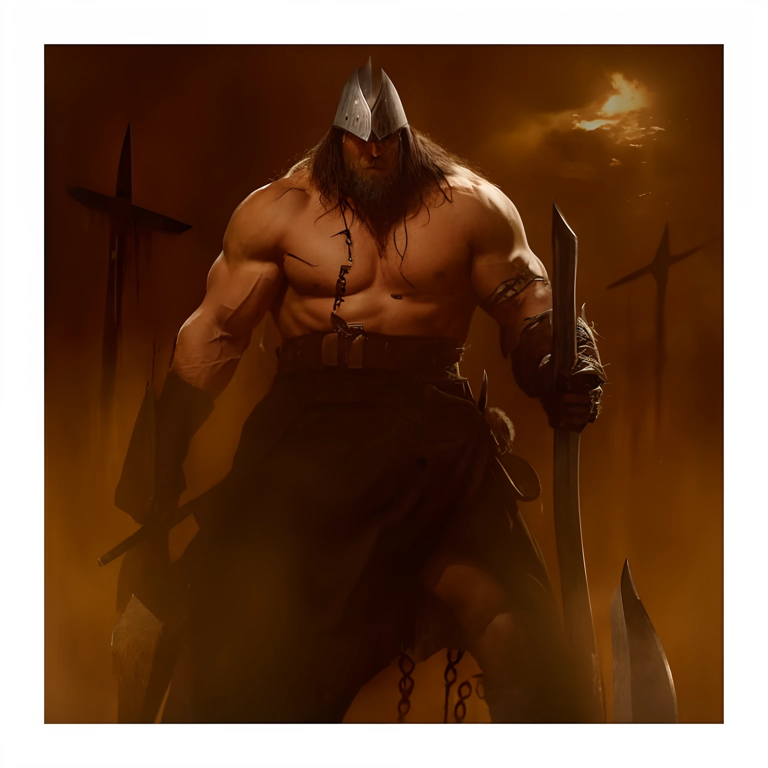 A closeup of an executioner man with an axe in his hand