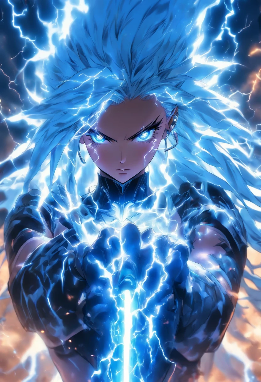 The most beautiful and sexy storm goddess, long beautiful white hair, glowing neon blue eyes, wearing highly detailed white battle armor, tons of tattoos and piercings, creating the most powerful and destructive thunderstorm, highly detailed background, perfect masterpiece, high quality, high resolution