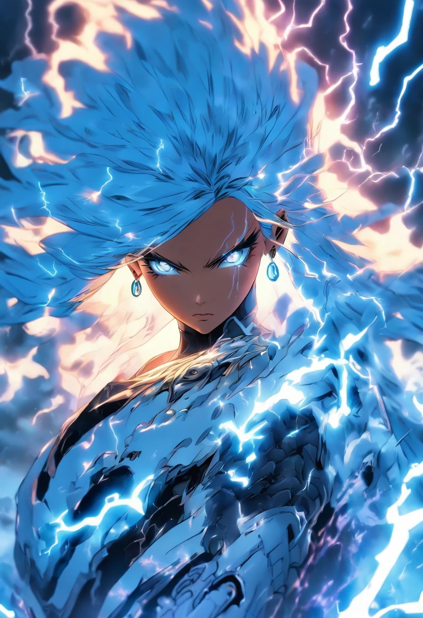 The most beautiful and sexy storm goddess, long beautiful white hair, glowing neon blue eyes, wearing highly detailed white battle armor, tons of tattoos and piercings, creating the most powerful and destructive thunderstorm, highly detailed background, perfect masterpiece, high quality, high resolution