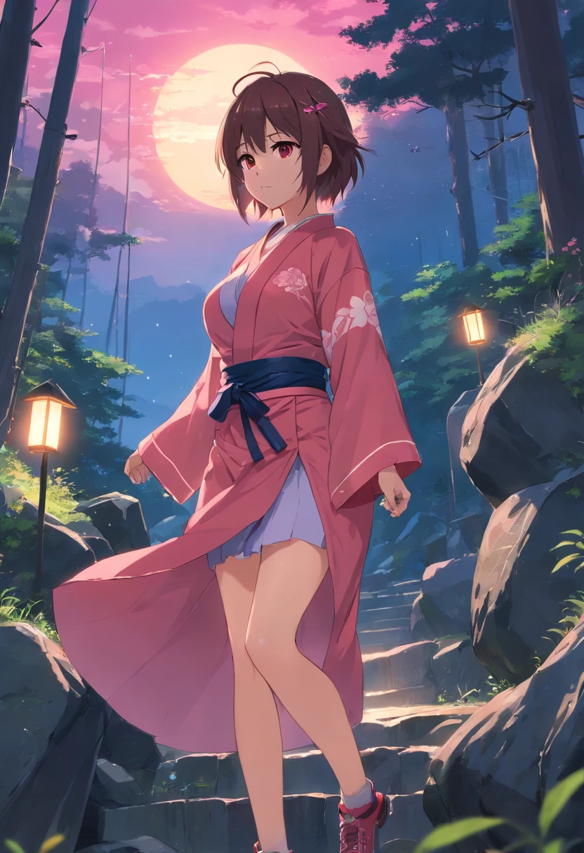 rock, 1girl, solo, dark pink makeup, pink lipsticks, large breasts, skirt, large breasts, long hair, detailed eyes, wine red attire, sexy kimono, spiked kimono, black and red checkered kimono, spiked collar, spiked, fishnet stockings, devilish, rose meadow, nature, forest, ambient, air, sitting, rock, night, masterpiece, best quality, highly detailed1