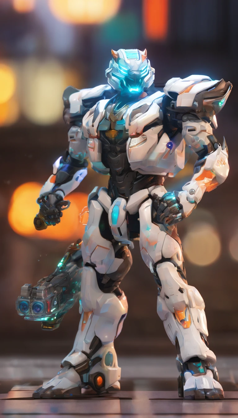 Chinese White Tiger, (blind box toy style:1.2), (Full body shot) , Behind him is a crystal Chinese tiger, Transparent Mecha, Exquisite helmet:1.2, Luminescent goggles:1.2, Cyberpunk, Dreamy glow, bright neon lights, clean, White background, ( Global Illumination, Ray traching, nffsw, Unreal Render,Reasonable design, high detal, masutepiece, Best Quality, hyper HD, Cinematic lighting)