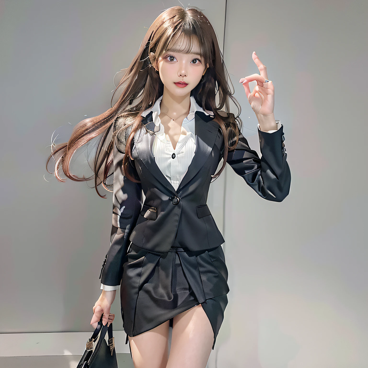 of the highest quality、Photorealsitic:1.4、Raw photography、超A high resolution:1.4、Top image quality: 1.4、absurderes, ​master piece, ultra-detailliert、A hyper-realistic,1girl in 、japanaese girl、perfect anatomia、Anatomically correct fingers、Anatomically correct legs、22year old、Height 1.7 m、(((small and round face:1.2)))、long reddish-brown hair with waving tips,,,、eyebrows of the same color、kiss、(((Sareme:1.2)))、Sexy thick lips:1.1、Beautiful teeth alignment,、((slenderbody)), ((Smaller chest))、(small ass:1.2)、skinny thigh:1.2、long legged:1.3、Woman with perfect style、Elegant and beautiful secretary、(((Black business suit、Black tailored jacket)))、(((Black Maxi Pencil Skirt:1.3、Front slit)))、Black enamel high heels、Pink sole、Sparkling Silk Camisole、Sexy Open Chest White Sheer Blouse Shirt、Officelady、Sitting at a desk、Cross your legs as if inviting a man、Have a document、Yuki's face、Light blue nails、FULL BODYSHOT、Best Movie Lighting、