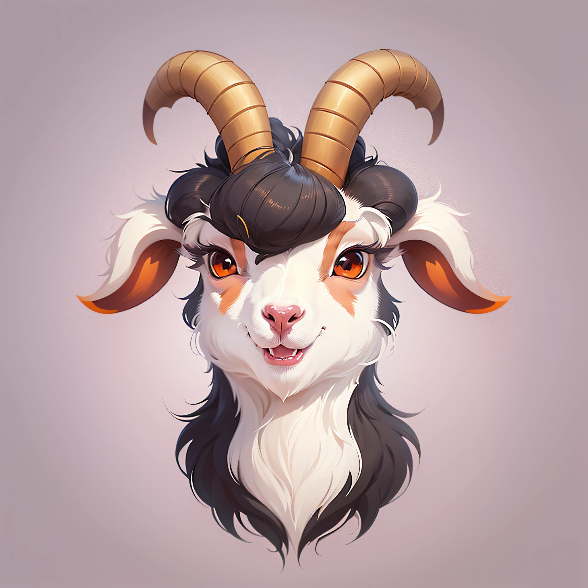 cartoon goat head with horns and big eyes on white, vector art inspired by Masamitsu Ōta, shutterstock, mingei, a goat, cute horns, with horns, best on adobe stock, “portrait of a cartoon animal, goat horns, goat horns on his head, goat body, white horns from eyebrows, with black horns instead of ears