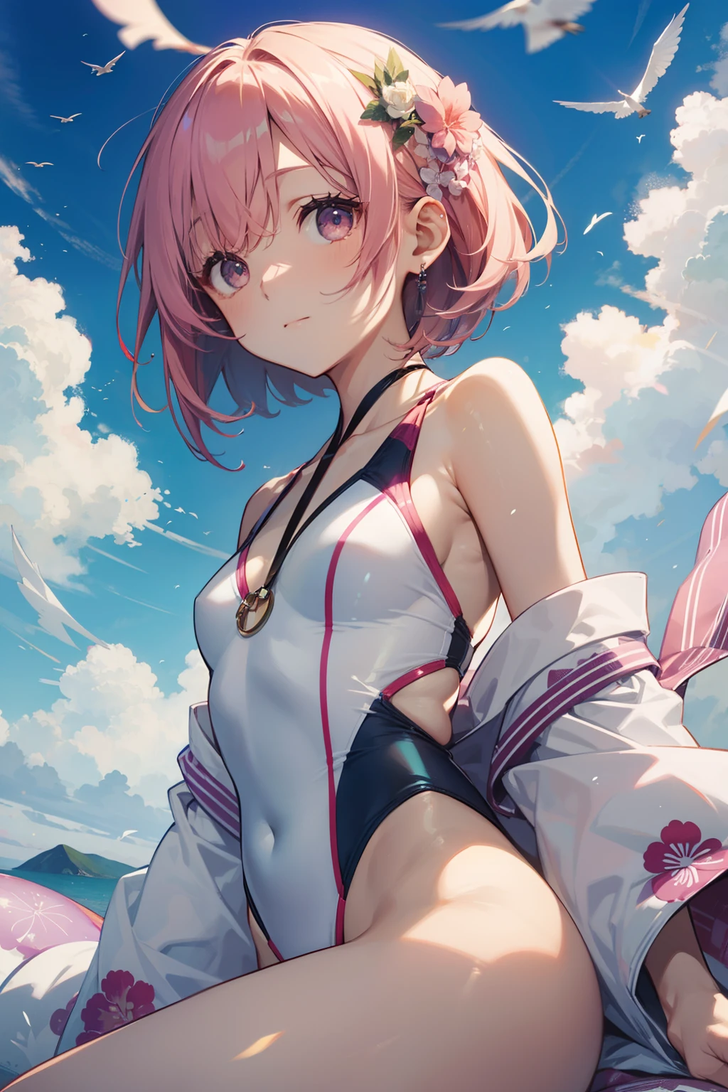 top-quality、Full limbs、complete fingers、Slender beauty、A pink-haired、bob cuts、hime-cut、White Shousk swimsuit、Small eyes、Flying in the sky、mid air、Japanese pattern、japanese-inspired