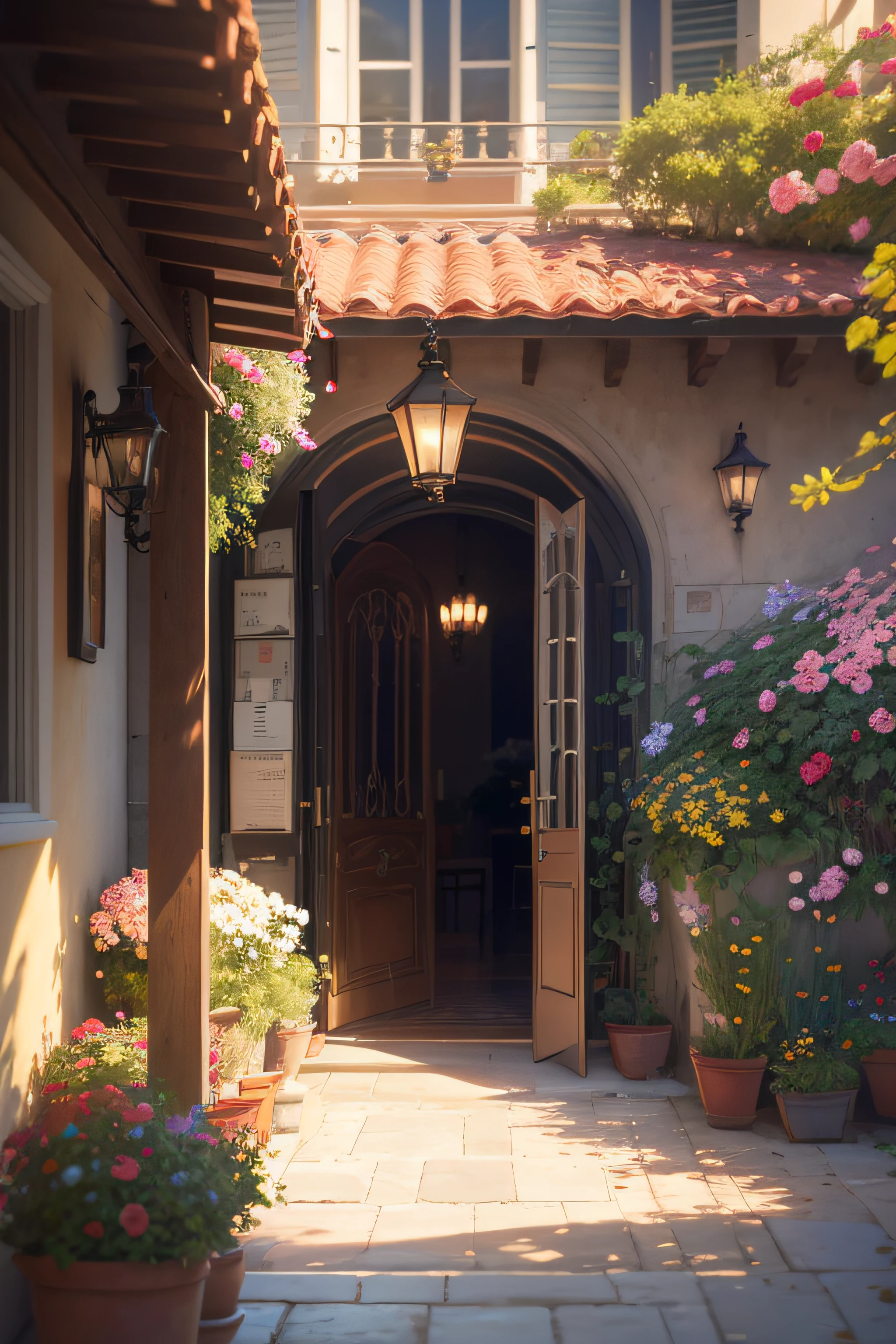 Oil painting of a sunset in a Mediterranean city by the sea, con muchas flores y sin personas, La tarde es lluviosa se alcanza a ver el sol, Elegant atmosphere, muchos detalles, Render Lumion 8K, Renderizar la arquitectura del motor irreal, muchos detalles, Yellow cinematic lighting in warm tones, Image in the style of an impressionist oil painting, Muchá, Manet Cézanne. (((muchas flores))), with several classic tables and chairs, Manteles elegantes con arreglos florales de varios colores en las mesas, Art Deco atmosphere with a large window through which to see a tree and the Eiffel Tower, Elegant atmosphere, Muchoos detalles, Lumion 8K Render, Renderizar la arquitectura del motor irreal, Muchoos detalles, Romantic cinematic lighting in warm tones, Image in the style of an impressionist oil painting, Mucho, Manet Cézanne,