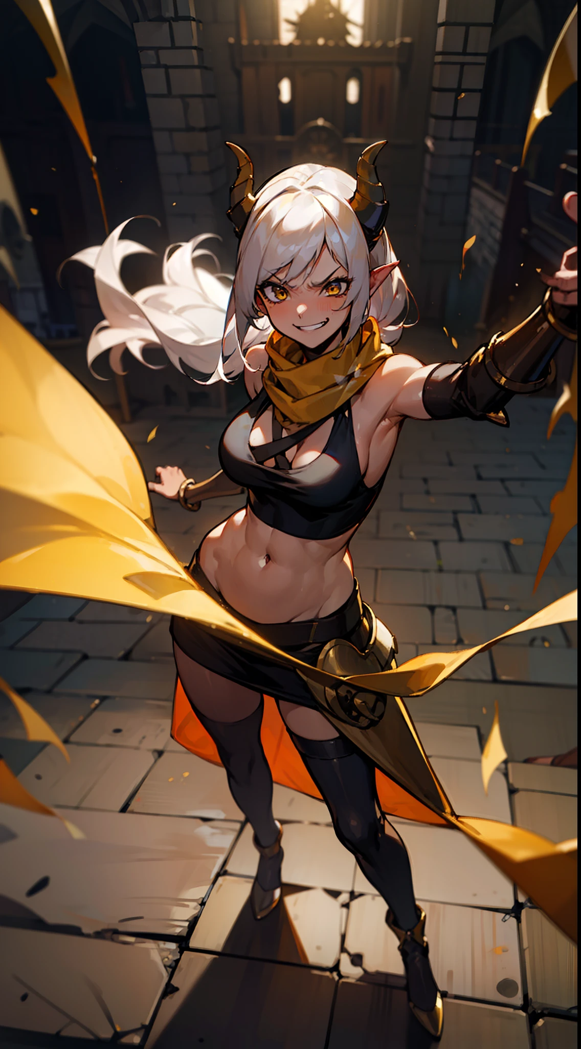 girl,(((brown skin))), hidden arms,long hair, white hair,curly hair,yellow eyes,(((villain,psycho,villain smile, psychopath, angry))), medium boobs,show belly,gold armor outfit, black small shirt,long black stockings, detailed clothes, masterpiece, hyper realistic, high definition,black horns,black pantyhose,elves ears,yellow scarf,(((standing inside of a castle)))