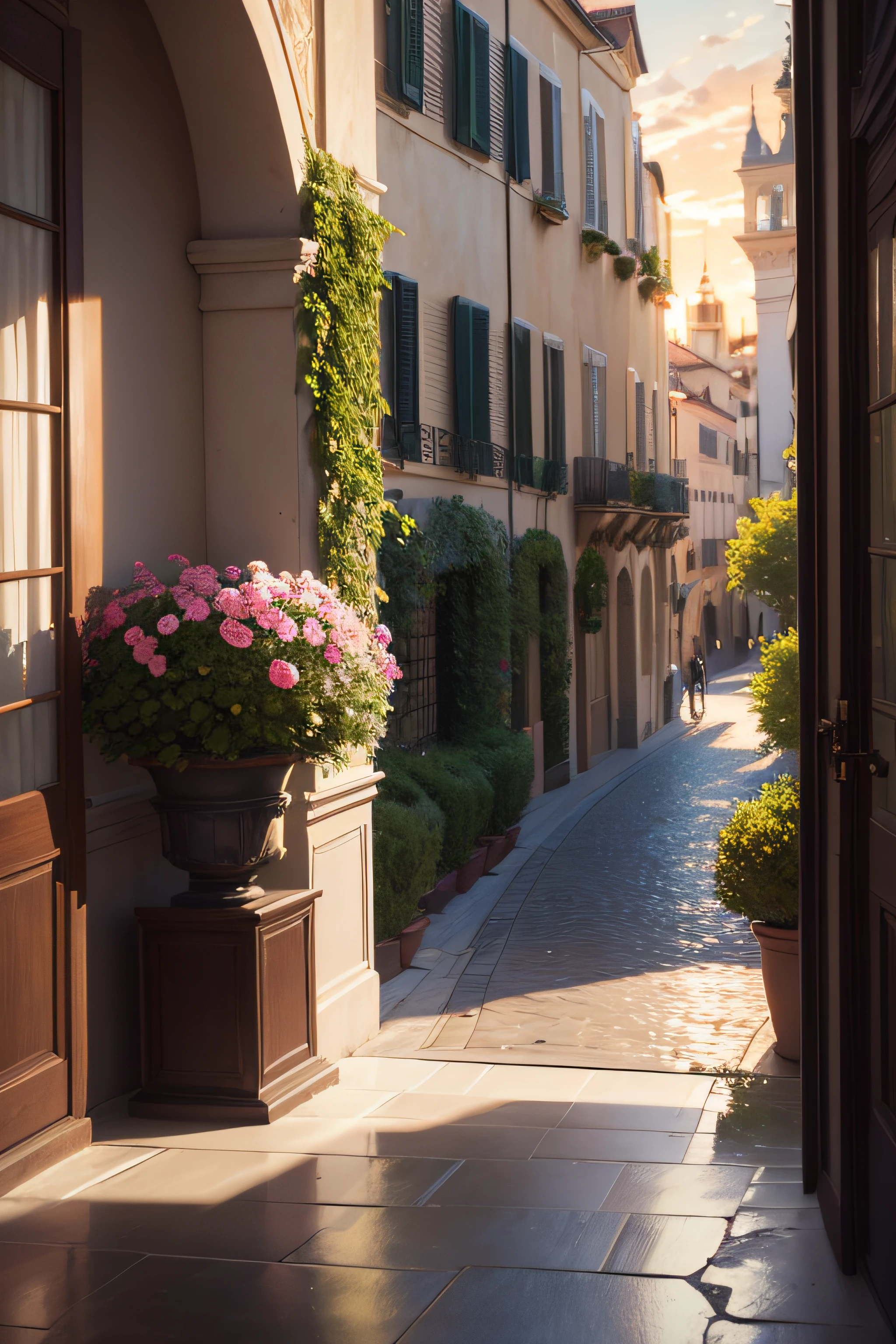 Oil painting of a sunset in a Mediterranean city by the sea, con muchas flores y sin personas, La tarde es lluviosa se alcanza a ver el sol, Elegant atmosphere, muchos detalles, Render Lumion 8K, Renderizar la arquitectura del motor irreal, muchos detalles, Yellow cinematic lighting in warm tones, Image in the style of an impressionist oil painting, Muchá, Manet Cézanne. (((muchas flores))), with several classic tables and chairs, Manteles elegantes con arreglos florales de varios colores en las mesas, Art Deco atmosphere with a large window through which to see a tree and the Eiffel Tower, Elegant atmosphere, Muchoos detalles, Lumion 8K Render, Renderizar la arquitectura del motor irreal, Muchoos detalles, Romantic cinematic lighting in warm tones, Image in the style of an impressionist oil painting, Mucho, Manet Cézanne,