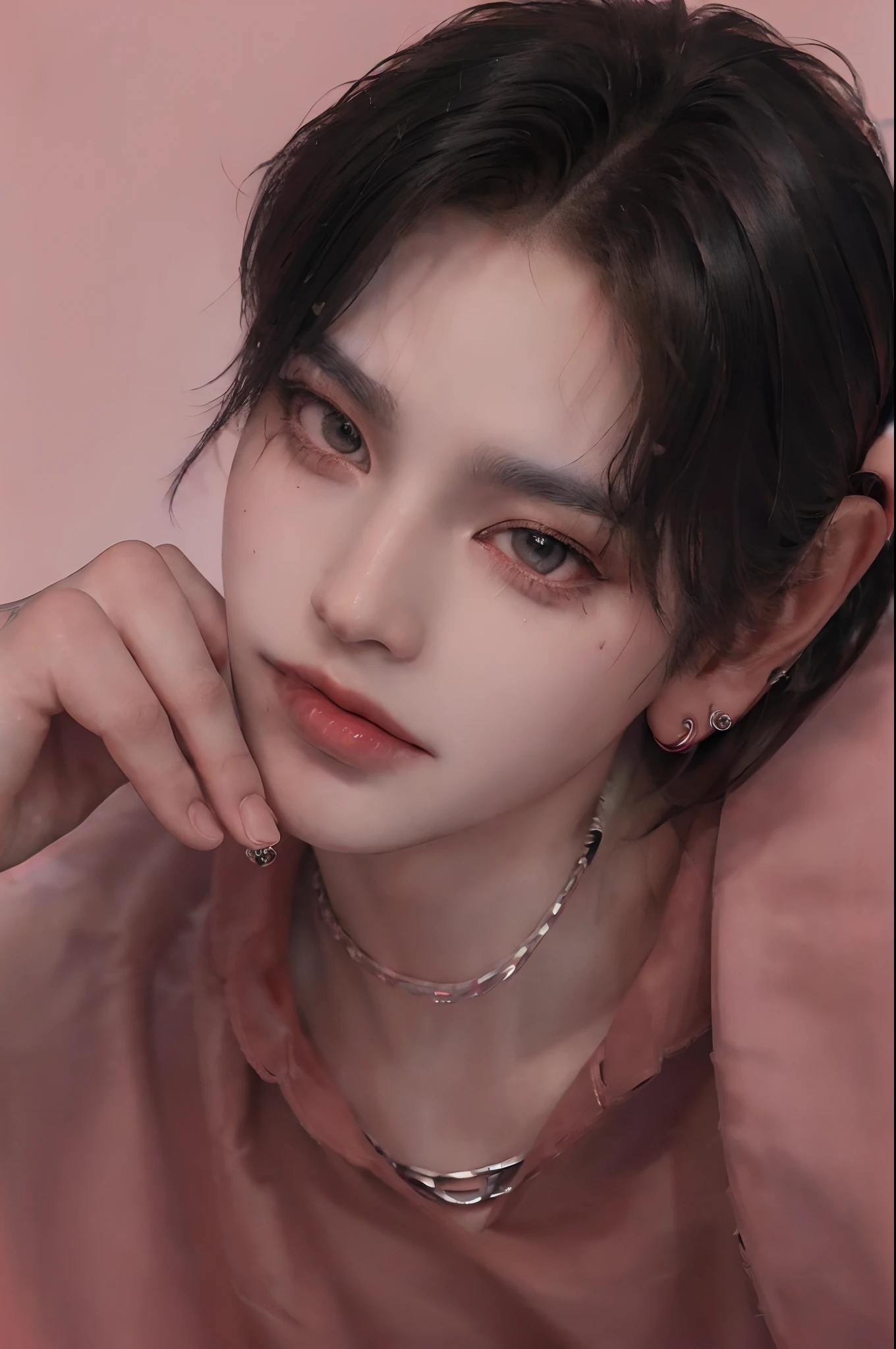 ((eyes focus on viewers)),((badboy)),((ulzzang)),((handsome)),((1man)),((sensuality eyes)),((male)),((gray bangs hairstyle)),((center)),((8k resolution)),((perfect hands)),((model)),((pose)),((sony A7 Mark 3)),((lens 50mm)),((red background)),((juicy thin lips)),((models)),((necklace)),((oversized t-shirt)),((kulot long pants)),((cool face)),((perfectly rendered)),((perfect eyes)),((perfect lips)),((perfect fingers)),((Masterpiece)),((best picture quality)),((high quality)),(stylish bangs),((focus)),((arrogant face)),((grinning to viewers)),((red lights)),((high angle picture)),((chin up)),((savage expression)),((beautiful skin)), (ultra realistic),((detailed face)),((tattoo in neck))