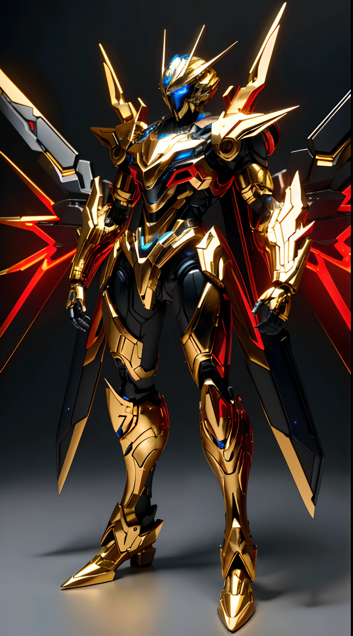 robot, top quality, high definition, ultra detail, masterpiece, 8K wallpaper, full body gold metallic, blue eyes, absurdity, high resolution, ultra-fine illustration, absurdity, solo, game cg, lord, night, (black light: 1), (detailed beautiful face and eyes: 1.0), (full body feminine form: 1.5), command spell, mecha girl, mask, mechanical parts, robot joint, , full armor, (full body:1.5), shining eyes, mechs, standing and holding rifles, watching the viewer, skinny, mechanical wings, (aircraft called red comet)), ((sleek armor)), aircraft that can fight for 100 years,